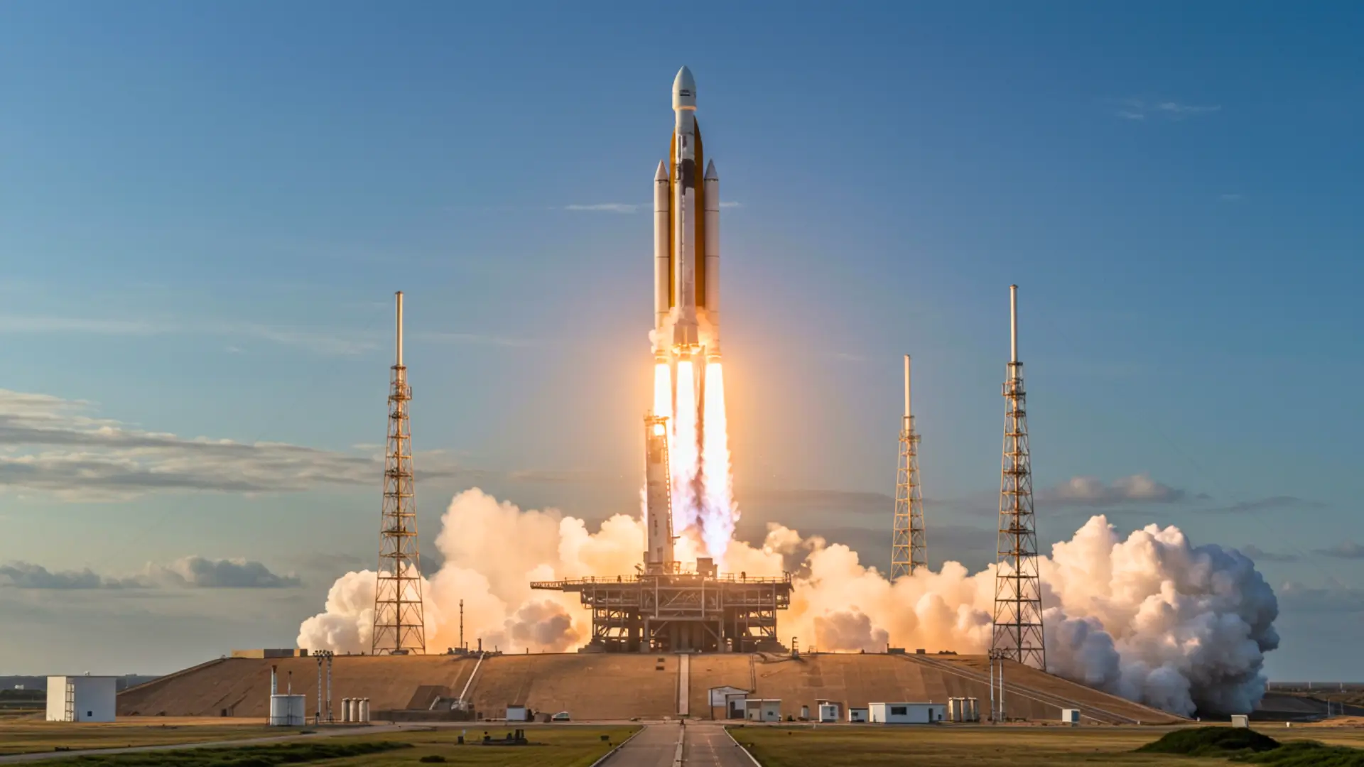 Fusée en plein décollage avec flammes et fumée sur une base de lancement spatiale