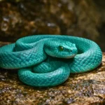 Vipère turquoise enroulée sur une roche humide dans une grotte au Cambodge