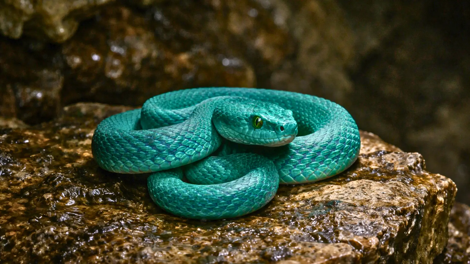 Vipère turquoise enroulée sur une roche humide dans une grotte au Cambodge