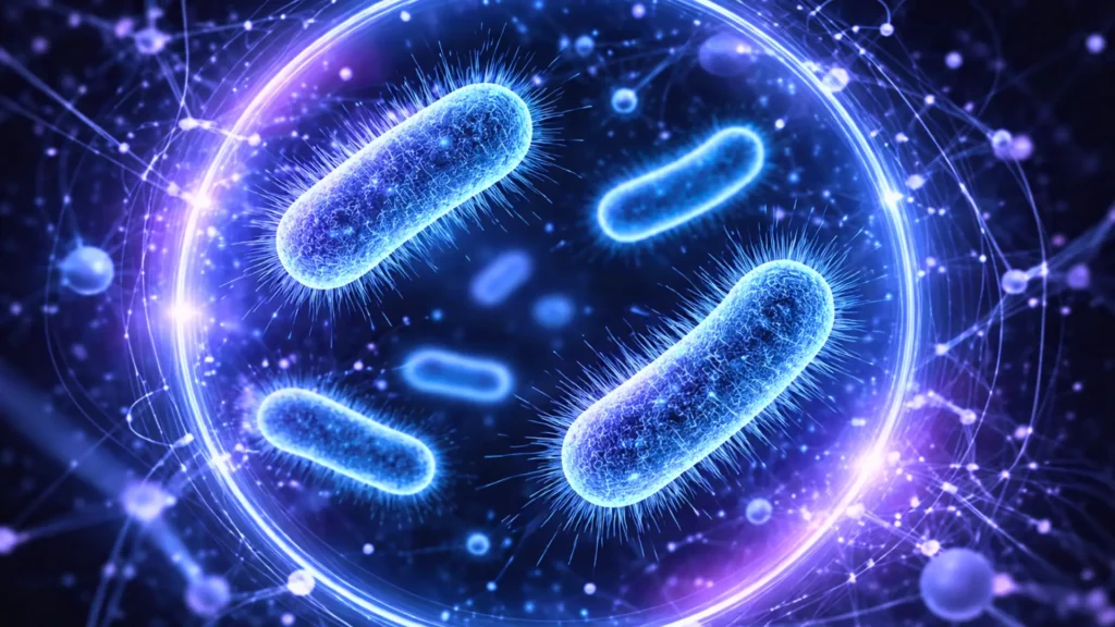 Visualisation scientifique de bactéries flottant dans un environnement numérique lumineux, illustrant le concept de bactéries miroir issues de la biologie synthétique.