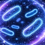 Visualisation scientifique de bactéries flottant dans un environnement numérique lumineux, illustrant le concept de bactéries miroir issues de la biologie synthétique.