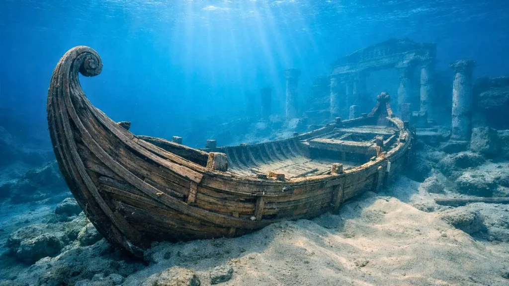 Une ancienne barge cérémonielle repose sous l’eau dans le port englouti d’Alexandrie, partiellement enfouie dans le sable, entourée de colonnes en ruine.