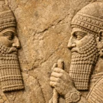 Bas-relief assyrien antique sculpté dans la pierre beige représentant deux figures royales de profil avec barbes bouclées et vêtements richement décorés.