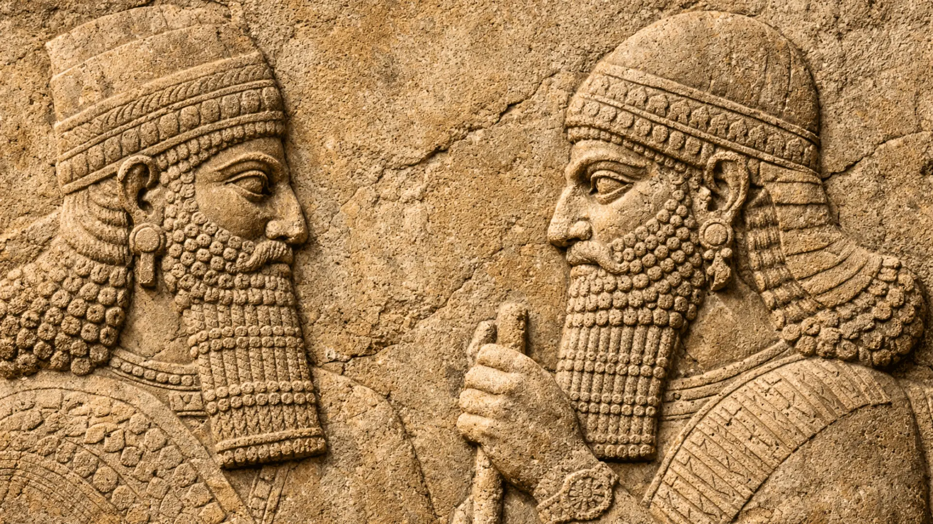 Bas-relief assyrien antique sculpté dans la pierre beige représentant deux figures royales de profil avec barbes bouclées et vêtements richement décorés.