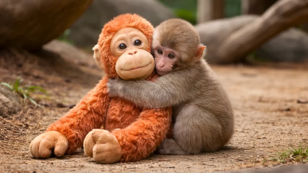 Un bébé macaque japonais serre une peluche orang-outan contre lui dans l’enclos d’un zoo.