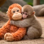 Un bébé macaque japonais serre une peluche orang-outan contre lui dans l’enclos d’un zoo.