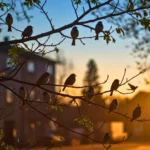 Oiseaux perchés sur une branche chantant au lever du soleil en milieu urbain