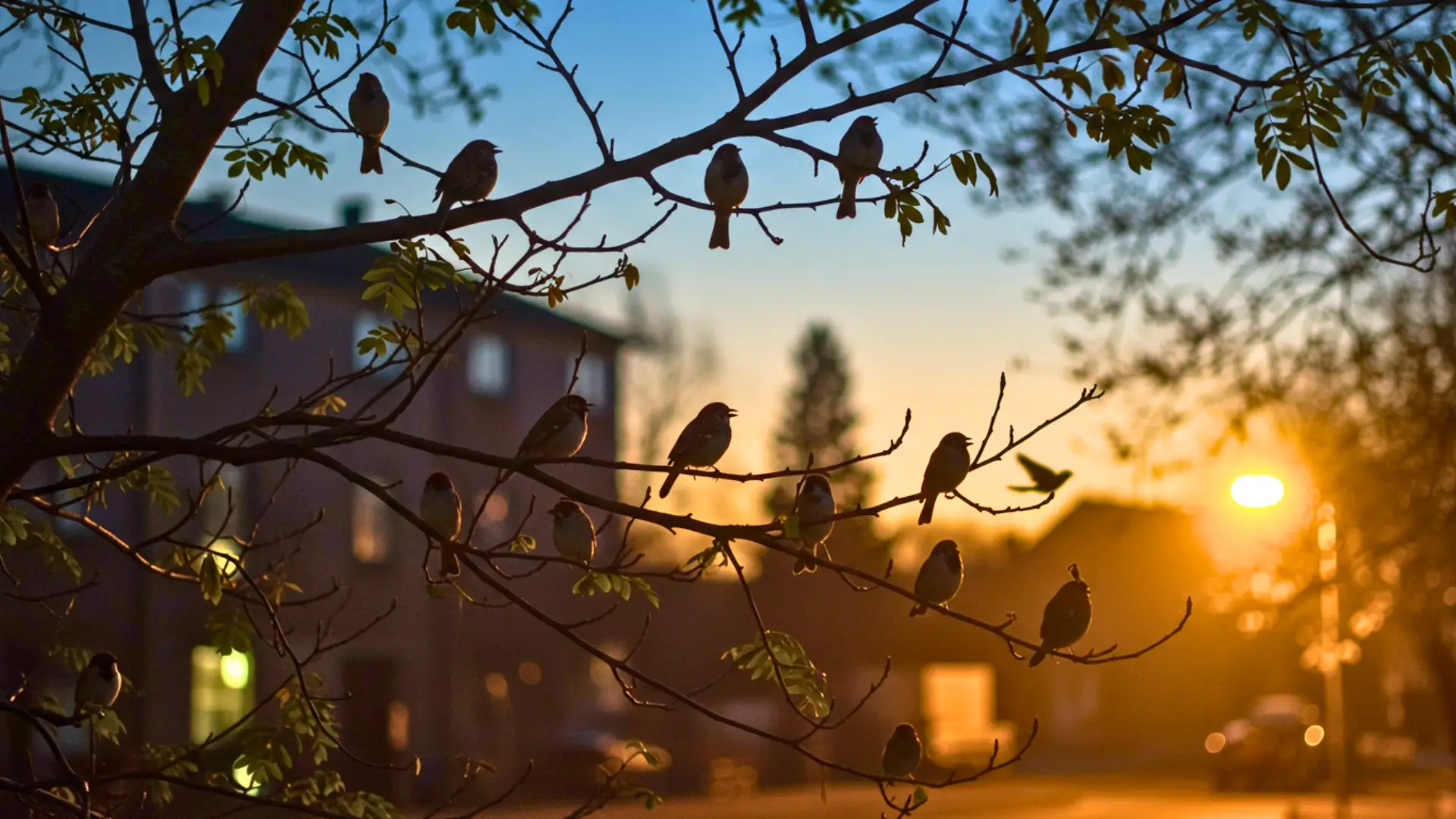 Oiseaux perchés sur une branche chantant au lever du soleil en milieu urbain