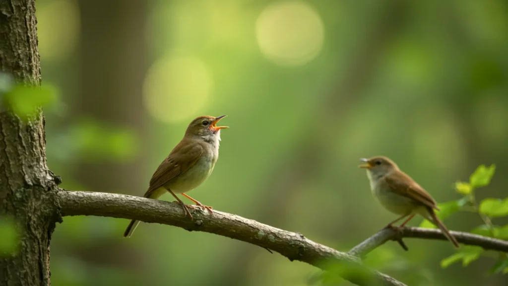 Deux oiseaux perchés sur une branche chantant dans la forêt, illustrant la communication animale et la loi de Zipf