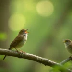 Deux oiseaux perchés sur une branche chantant dans la forêt, illustrant la communication animale et la loi de Zipf