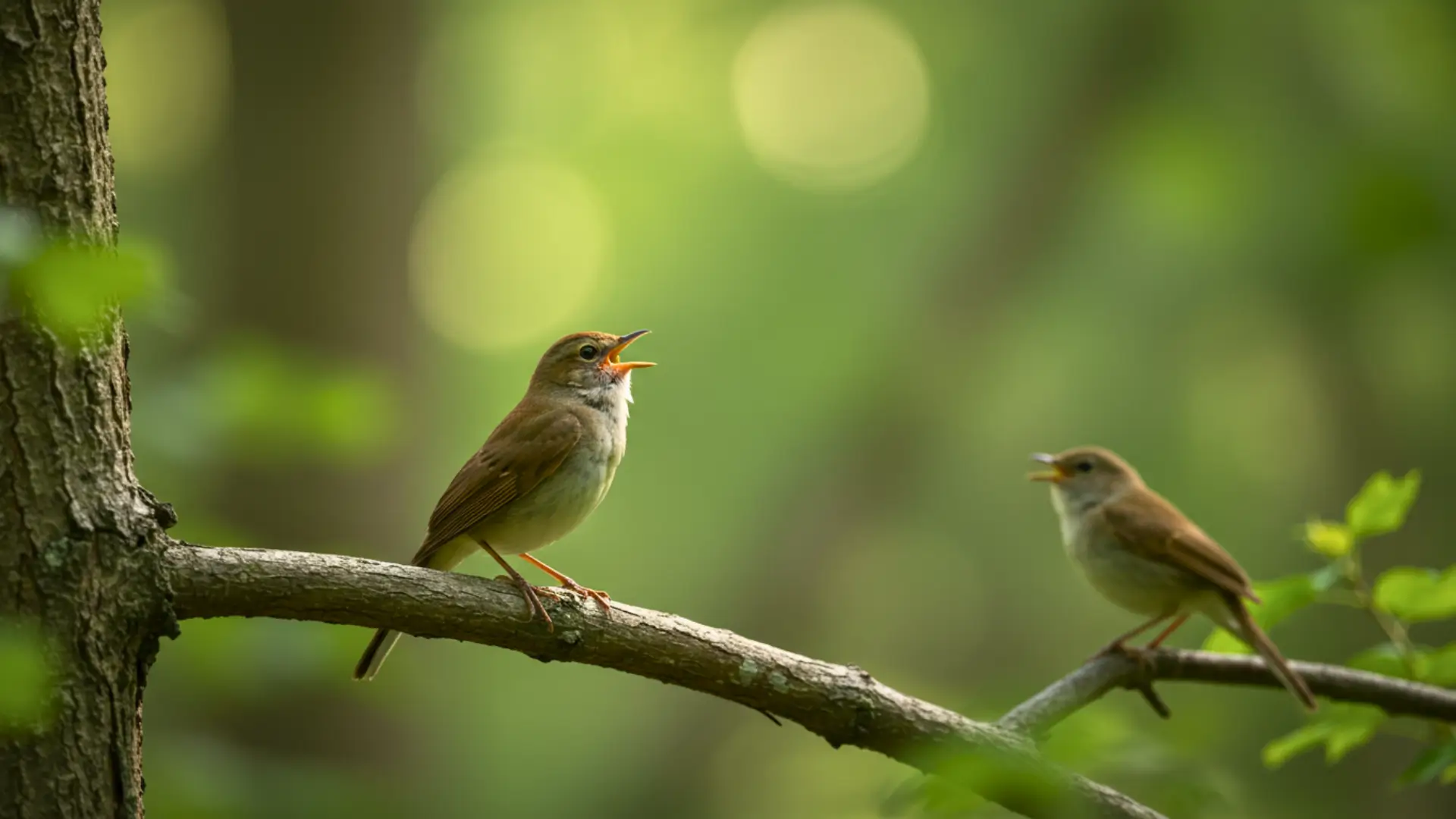Deux oiseaux perchés sur une branche chantant dans la forêt, illustrant la communication animale et la loi de Zipf