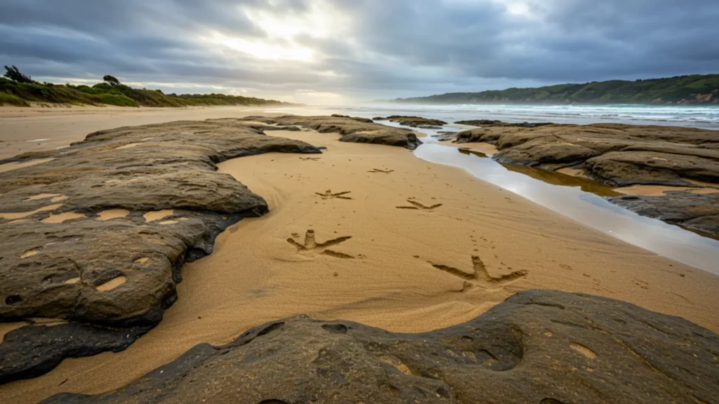Empreintes fossiles attribuées à un moa découvertes sur une plage de l’île du Nord en Nouvelle-Zélande