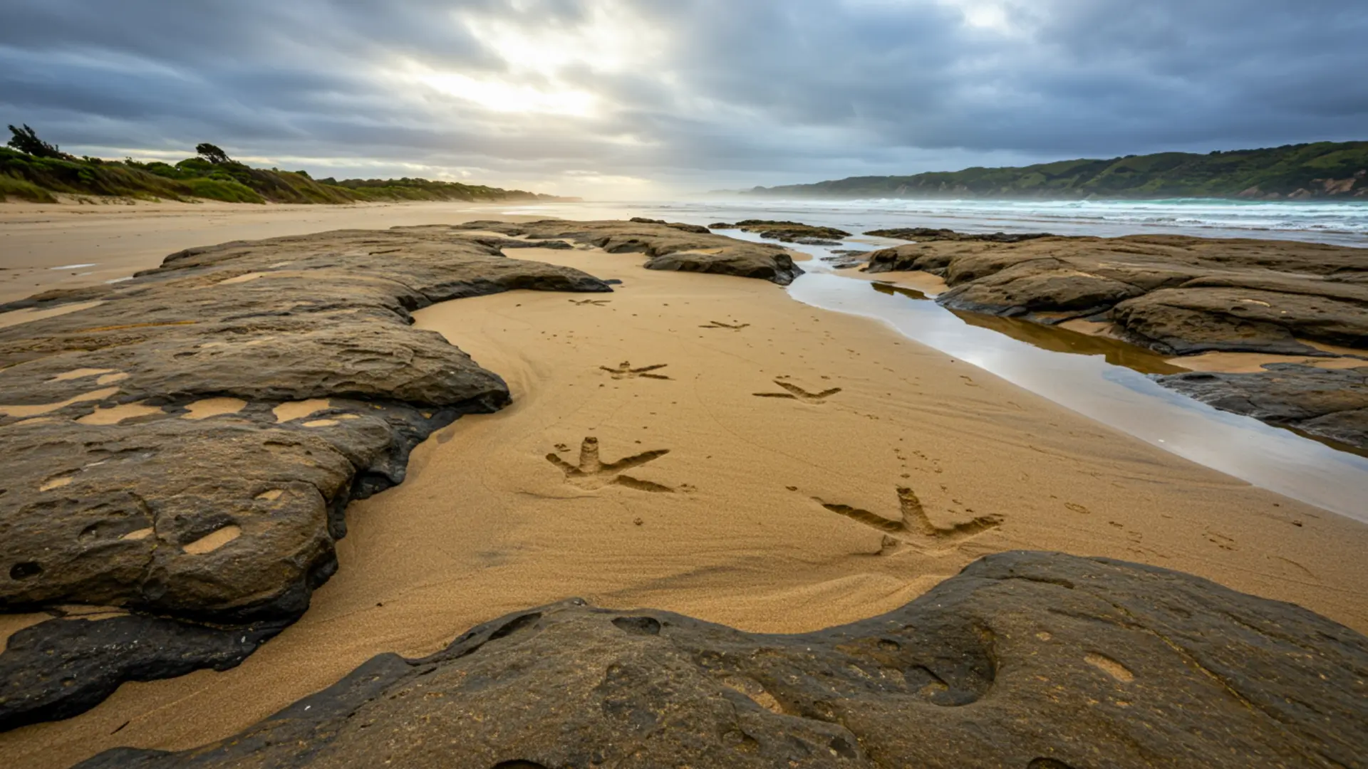 Empreintes fossiles attribuées à un moa découvertes sur une plage de l’île du Nord en Nouvelle-Zélande