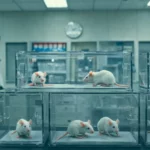 Souris blanches dans des boîtes transparentes en laboratoire scientifique lors d’une expérience de clonage