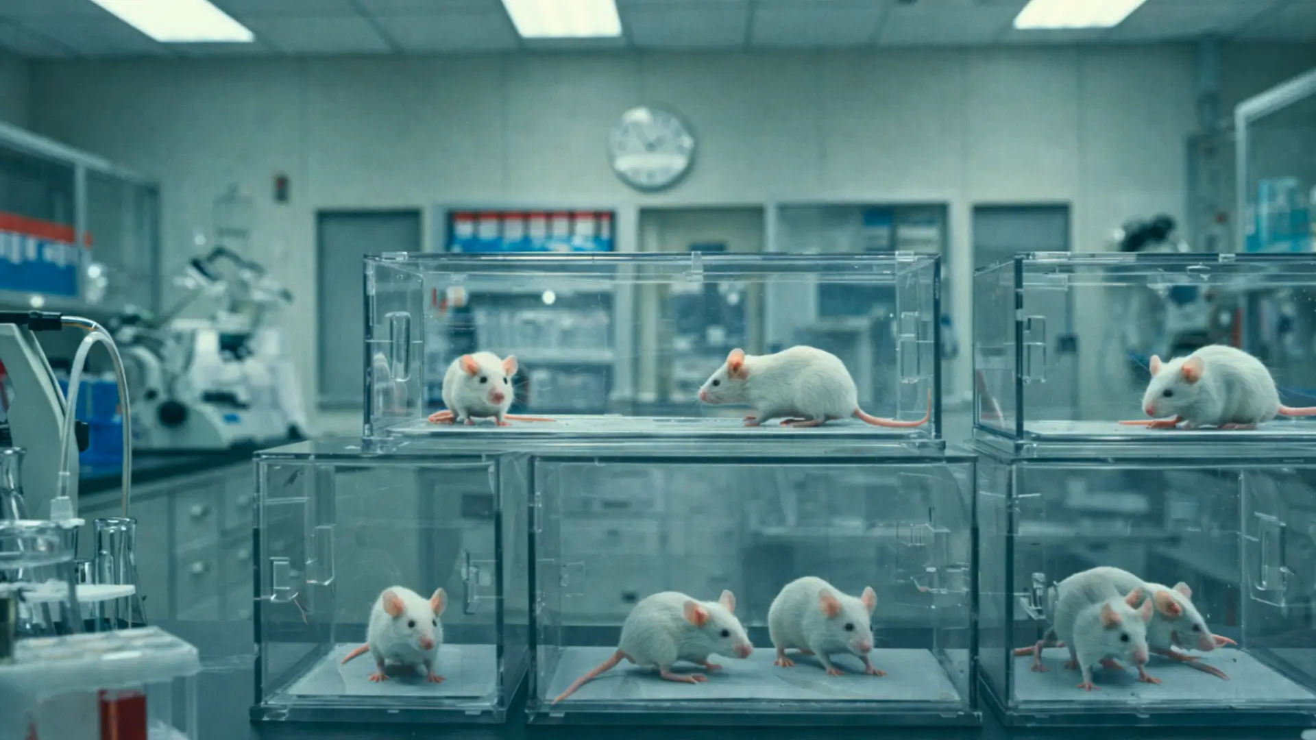 Souris blanches dans des boîtes transparentes en laboratoire scientifique lors d’une expérience de clonage