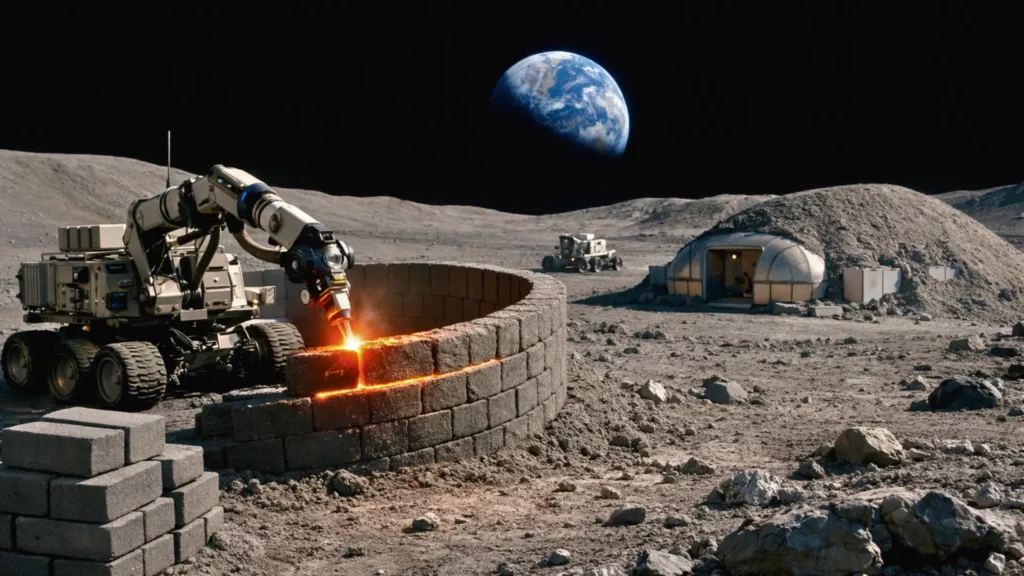 Robot utilisant un laser pour fabriquer des briques à partir de régolithe afin de construire une base humaine sur la Lune, avec la Terre visible à l’horizon.