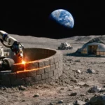Robot utilisant un laser pour fabriquer des briques à partir de régolithe afin de construire une base humaine sur la Lune, avec la Terre visible à l’horizon.