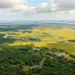 Paysage aérien de plaines verdoyantes et rivières sinueuses évoquant le Doggerland, ancienne terre submergée entre l’Europe et la Grande-Bretagne