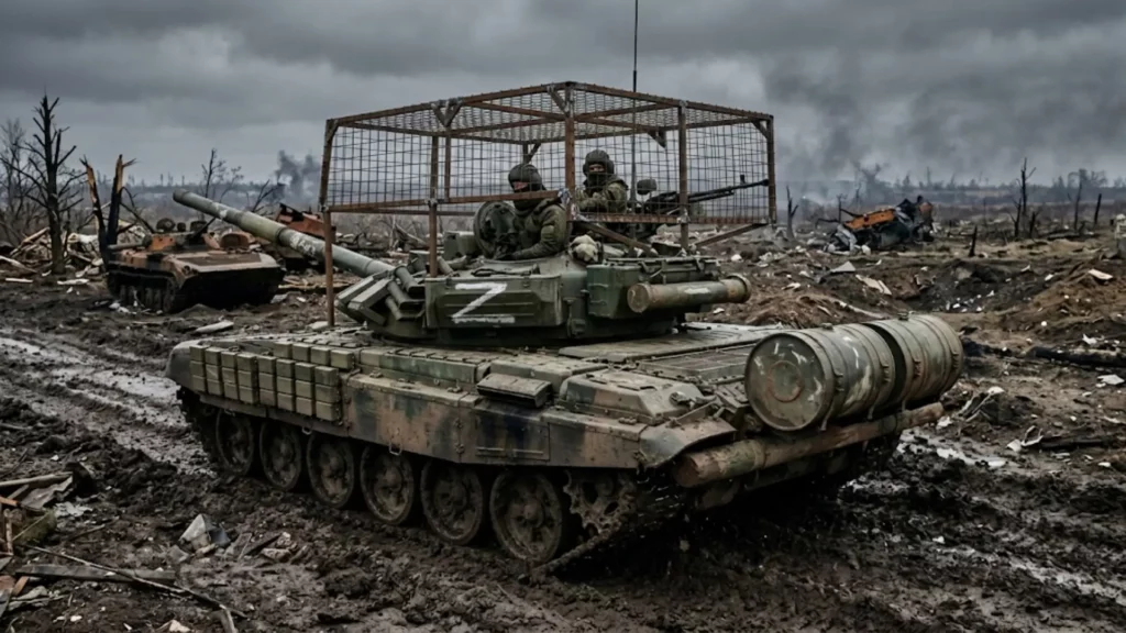 Un char russe recouvert d’une cage métallique progresse sur un terrain de guerre en Ukraine, dans un contexte de menace permanente des drones.