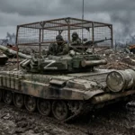 Un char russe recouvert d’une cage métallique progresse sur un terrain de guerre en Ukraine, dans un contexte de menace permanente des drones.