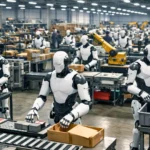 Des robots humanoïdes s’exercent à des tâches industrielles dans un vaste centre d’entraînement en Chine, sous la supervision d’opérateurs dont les visages ne sont pas visibles.