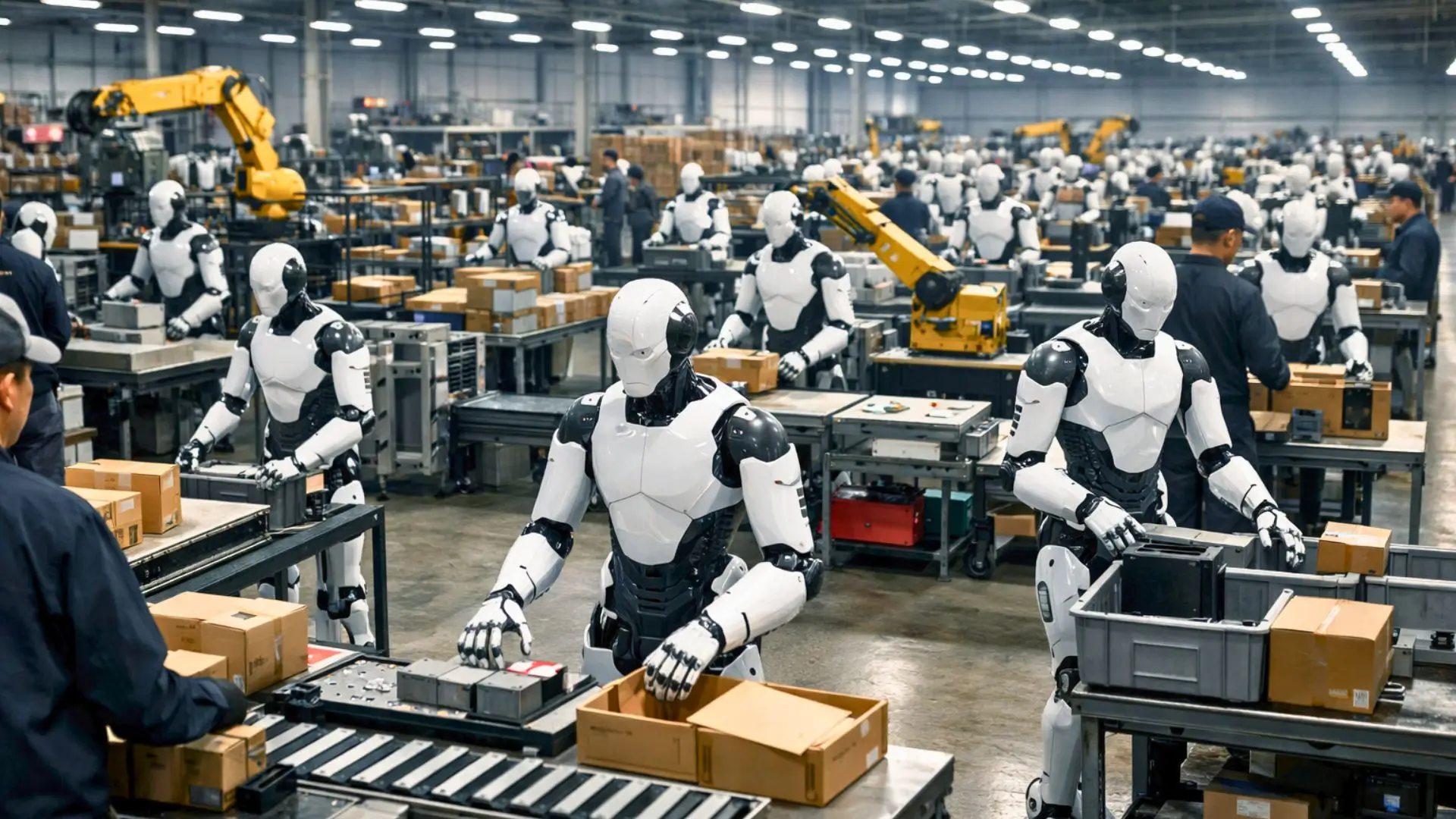 Des robots humanoïdes s’exercent à des tâches industrielles dans un vaste centre d’entraînement en Chine, sous la supervision d’opérateurs dont les visages ne sont pas visibles.