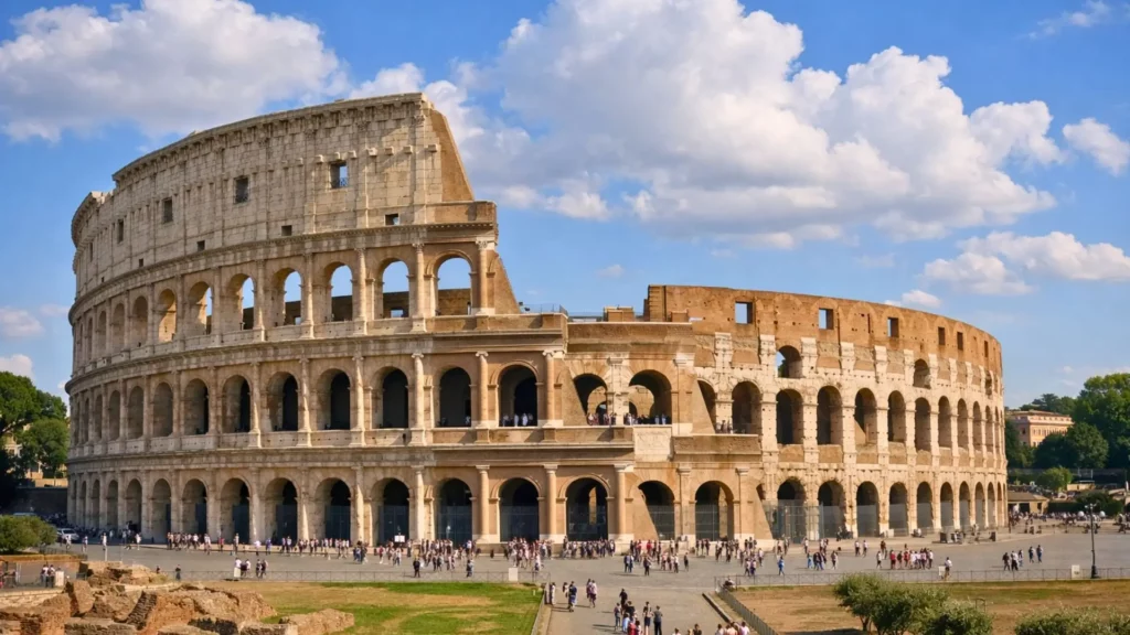 Le Colisée de Rome apparaît en vue large sous un ciel bleu lumineux, avec quelques touristes à sa base et ses arches nettement visibles.