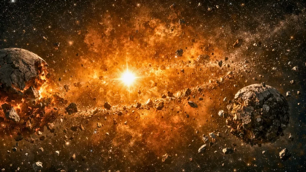 Deux corps planétaires fracturés dérivent dans un vaste nuage de débris incandescent autour d’une étoile, après une collision géante dans l’espace.