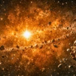 Deux corps planétaires fracturés dérivent dans un vaste nuage de débris incandescent autour d’une étoile, après une collision géante dans l’espace.