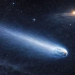 Une comète interstellaire traverse l’espace profond avec une longue traînée lumineuse, sur fond d’étoiles et d’un système planétaire lointain.