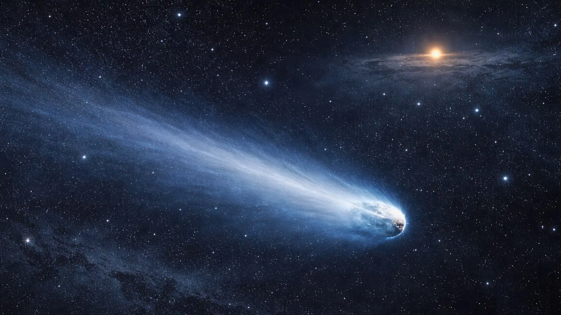 Une comète interstellaire traverse l’espace profond avec une longue traînée lumineuse, sur fond d’étoiles et d’un système planétaire lointain.