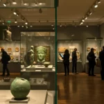 Salle de musée présentant des artefacts turcs antiques, dont une statue en bronze et des objets en céramique exposés sous vitrine