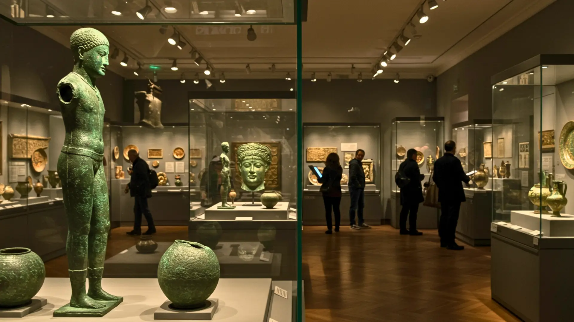 Salle de musée présentant des artefacts turcs antiques, dont une statue en bronze et des objets en céramique exposés sous vitrine