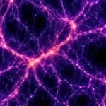 Visualisation réaliste de la structure à grande échelle de l’Univers, montrant une vaste toile cosmique de filaments lumineux violets et roses entrecoupés de grands vides sombres.