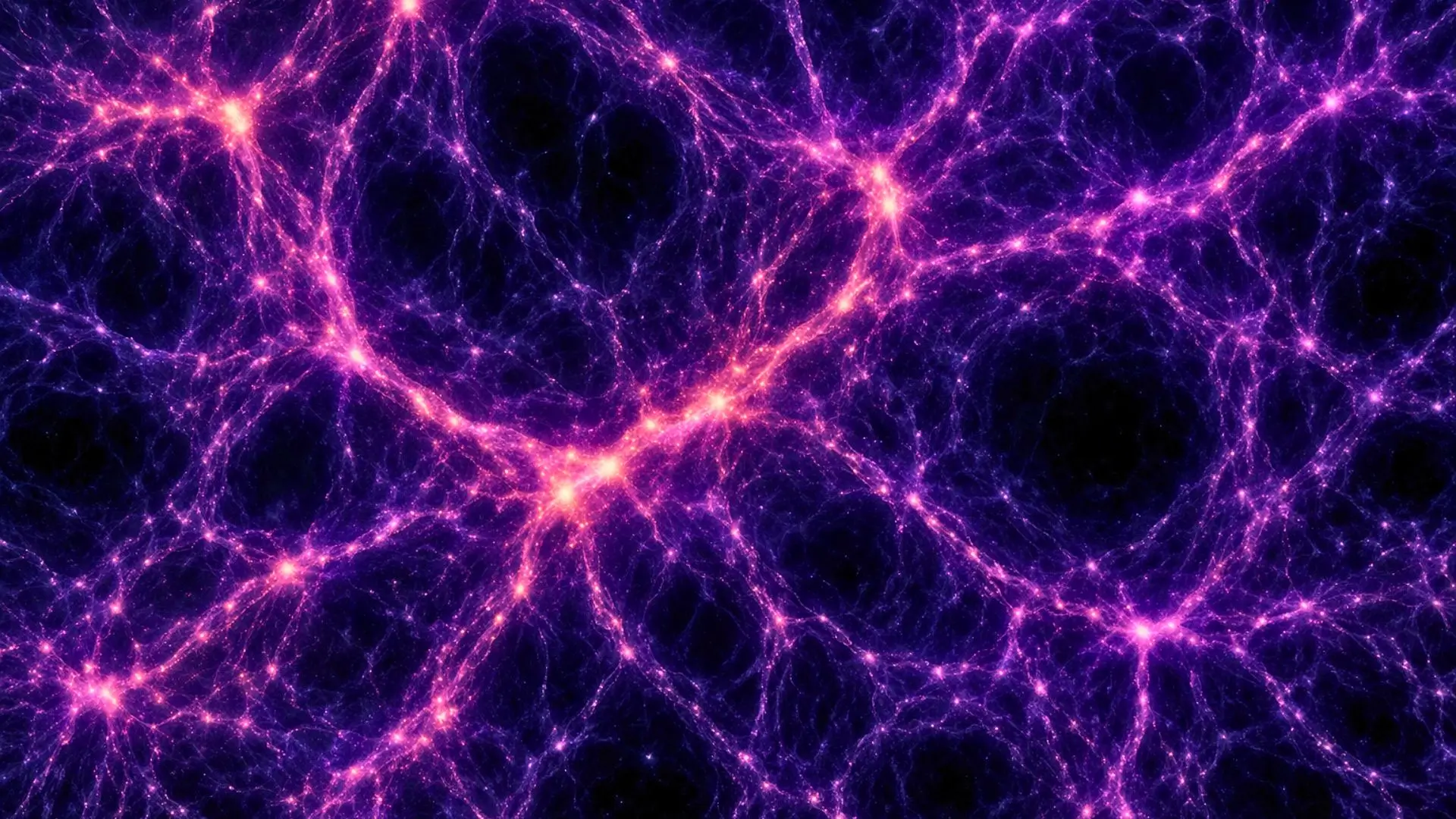 Visualisation réaliste de la structure à grande échelle de l’Univers, montrant une vaste toile cosmique de filaments lumineux violets et roses entrecoupés de grands vides sombres.