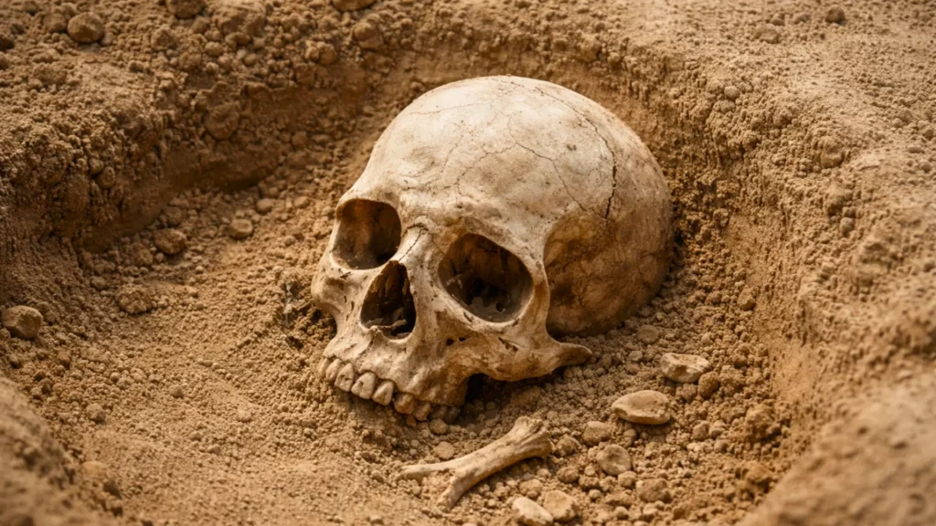 Crâne humain ancien partiellement exhumé dans le sable lors d’une fouille archéologique en Pologne.