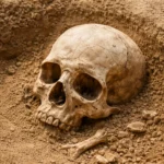 Crâne humain ancien partiellement exhumé dans le sable lors d’une fouille archéologique en Pologne.