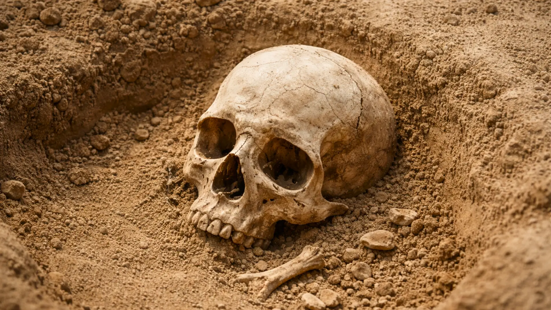 Crâne humain ancien partiellement exhumé dans le sable lors d’une fouille archéologique en Pologne.