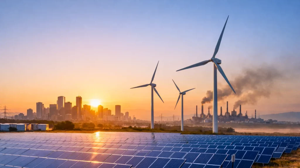 Parc solaire et éoliennes devant une ville avec une centrale fossile en arrière-plan au coucher du soleil