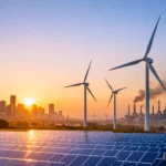 Parc solaire et éoliennes devant une ville avec une centrale fossile en arrière-plan au coucher du soleil