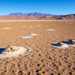 Paysage aride du désert d’Atacama avec sol craquelé, dépôts de sel et montagnes en arrière-plan