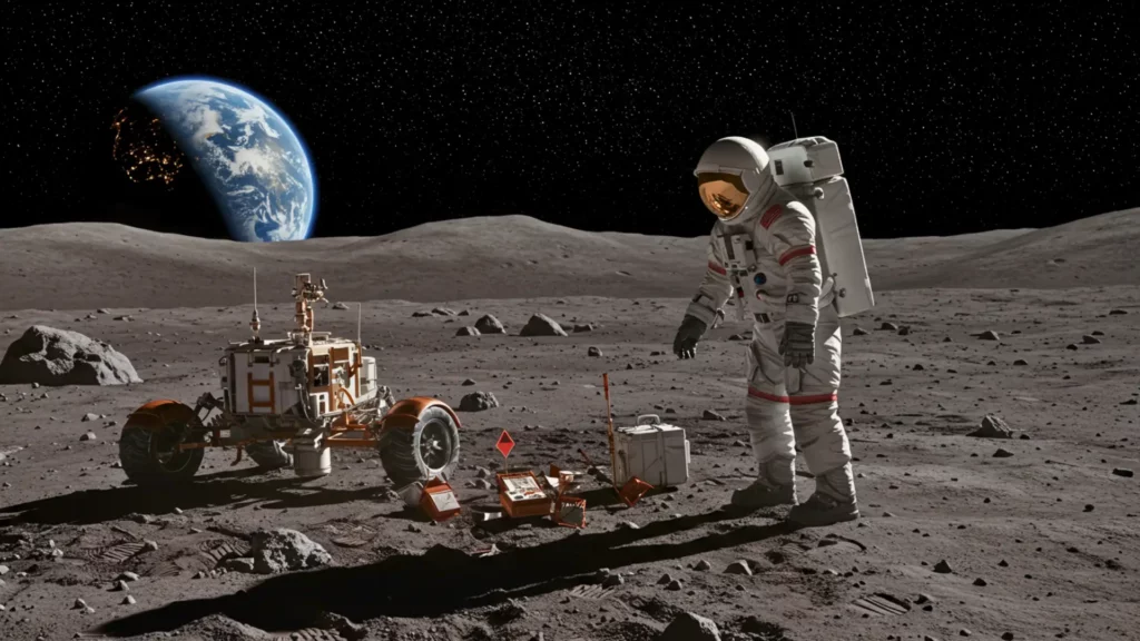 Astronaute et rover explorant la surface de la Lune avec la Terre visible à l’horizon