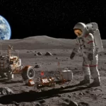 Astronaute et rover explorant la surface de la Lune avec la Terre visible à l’horizon