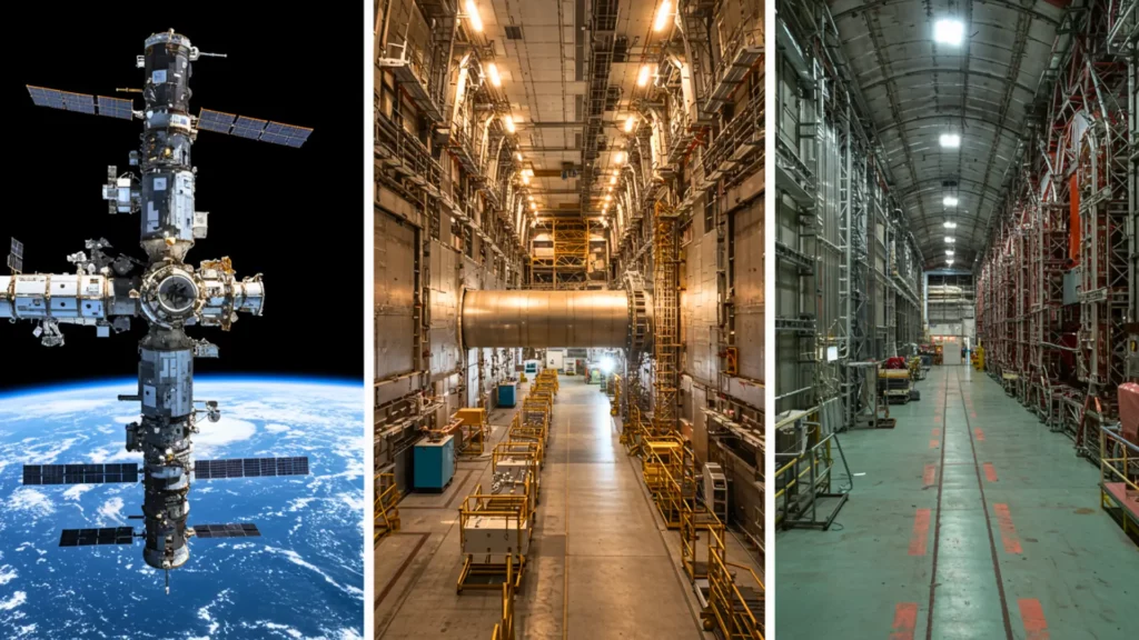 montage montrant la Station spatiale internationale et deux installations scientifiques géantes de collisionneur de particules