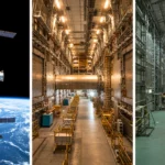 montage montrant la Station spatiale internationale et deux installations scientifiques géantes de collisionneur de particules