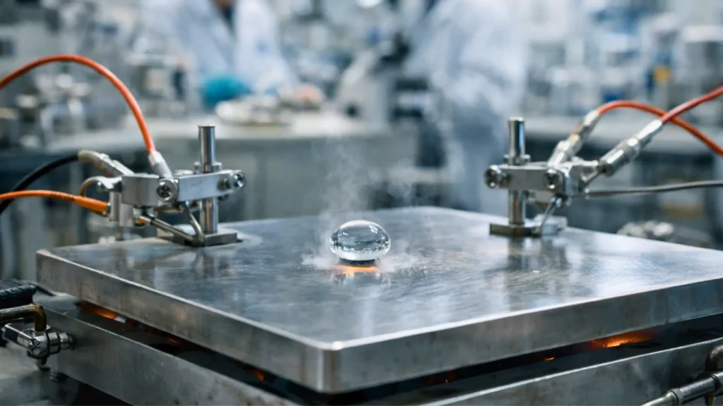 Goutte d’eau en lévitation sur une plaque métallique chauffée illustrant l’effet Leidenfrost dans un laboratoire de recherche.