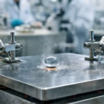 Goutte d’eau en lévitation sur une plaque métallique chauffée illustrant l’effet Leidenfrost dans un laboratoire de recherche.