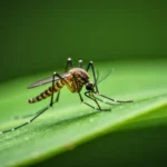 Gros plan d’un moustique posé sur une feuille verte avec détails visibles de son corps
