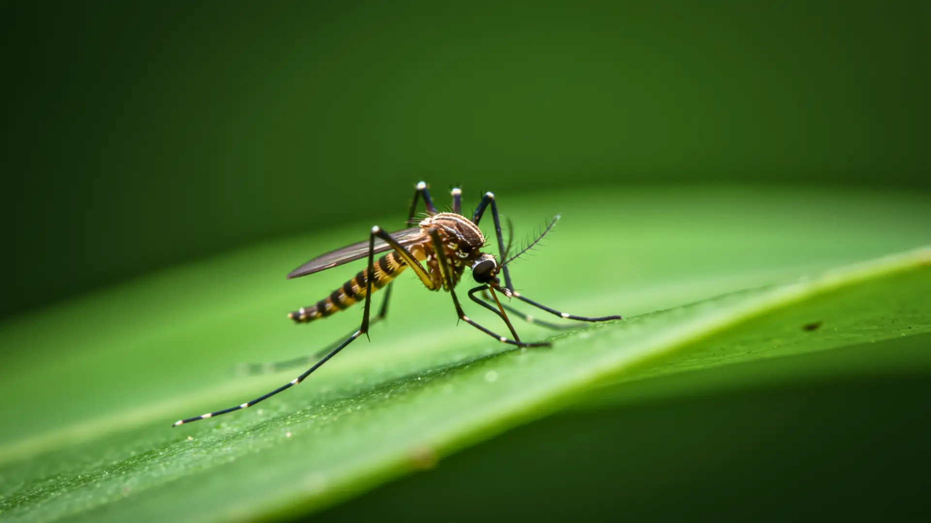 Gros plan d’un moustique posé sur une feuille verte avec détails visibles de son corps