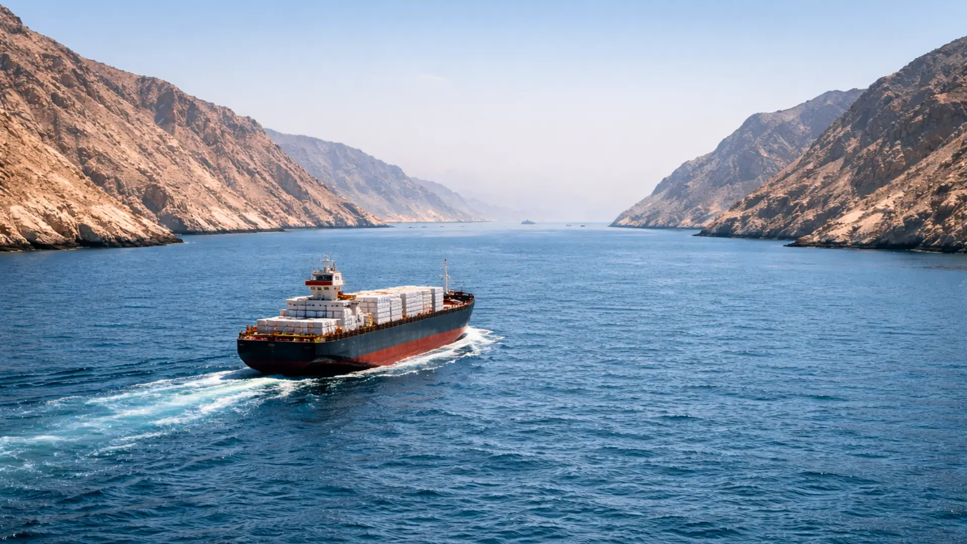 Cargo transportant des engrais naviguant dans le détroit d’Ormuz entre des montagnes arides